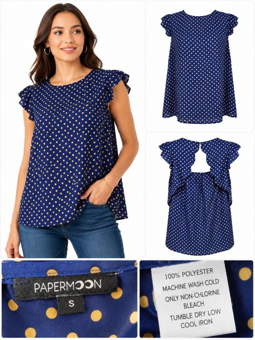 Papermoon Women’s Navy Blue Polka Dot Ruffle Sleeve Blouse Size S Keyhole Back